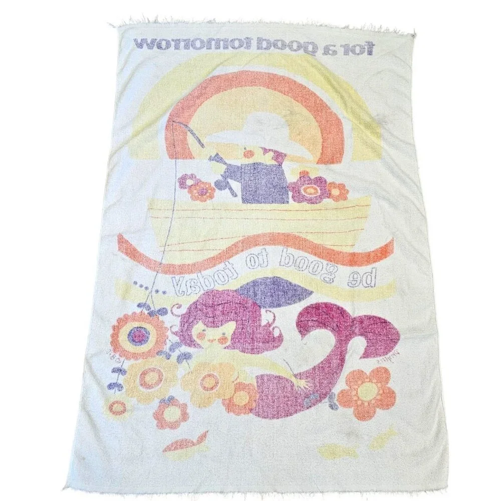 Vintage 70s Beach Towel Rainbow Mermaid Flowers Retro Fishing By‎ Phyllis